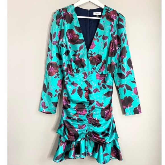 Delfi collective Isla Teal Magenta Floral Ruched long sleeve Mini Dress - Picture 9 of 11